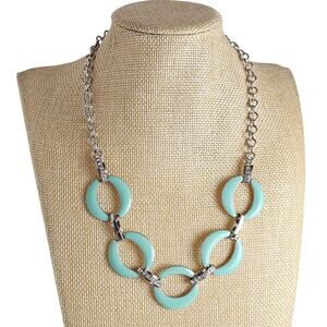 Mint Green Statement Necklace Silver Crescent Links Rhinestones Chunky Jewelry
